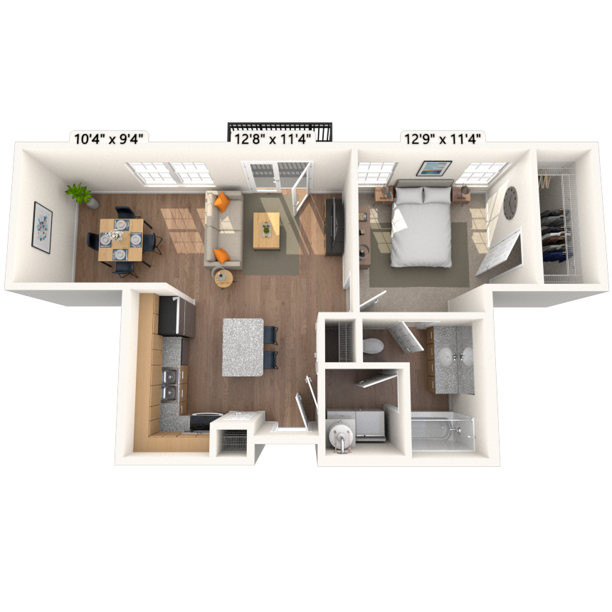 Floor plan for 1 bed, 1 bath, 699 sqft